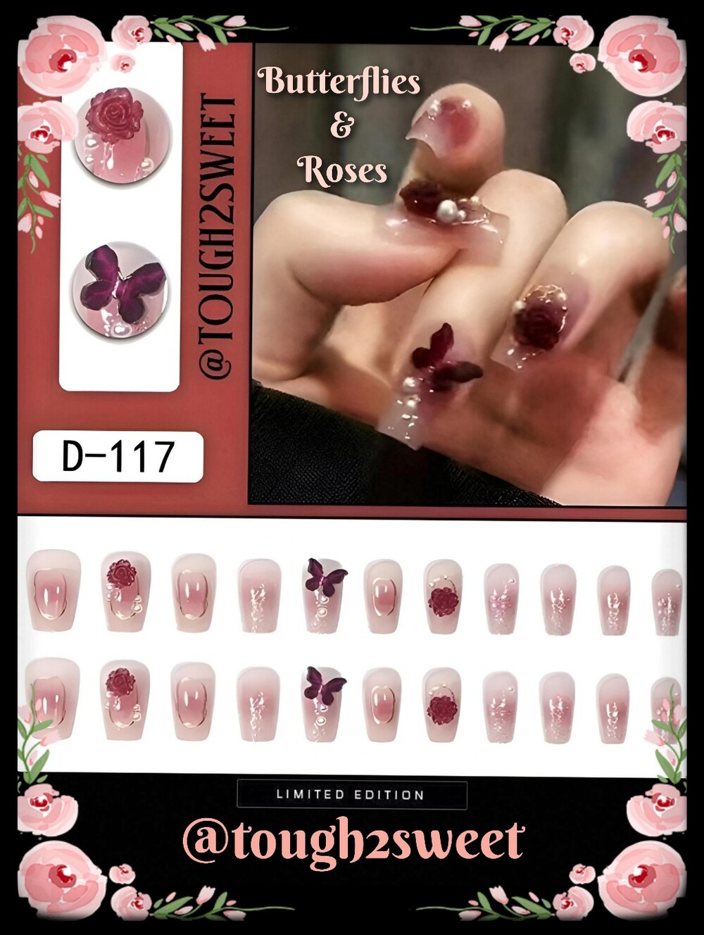 🆕LAST 1🌹$6 OR 2 FOR $10~CHIC FLORAL BUTTERFLY AND ROSES 24 DESIGNER NAILS